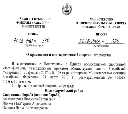 Подписан приказ Минспорта Чувашии о присвоении первого спортивного разряда.