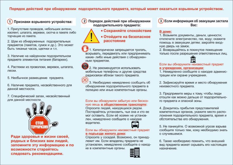 Порядок действий при обнаружении подозрительного предмета, который может оказаться взрывным устройством