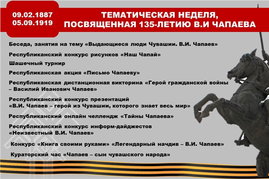 Со 2 по 9 февраля 2022 года в нашей школе проводится тематическая неделя, посвященная 135-летию В.И. Чапаева.