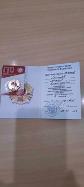 Семёнов Михаил 8В класс награжден золотым значком ГТО 4 степени