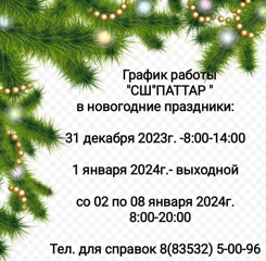 График работы "СШ "ПАТТАР" в новогодние праздники