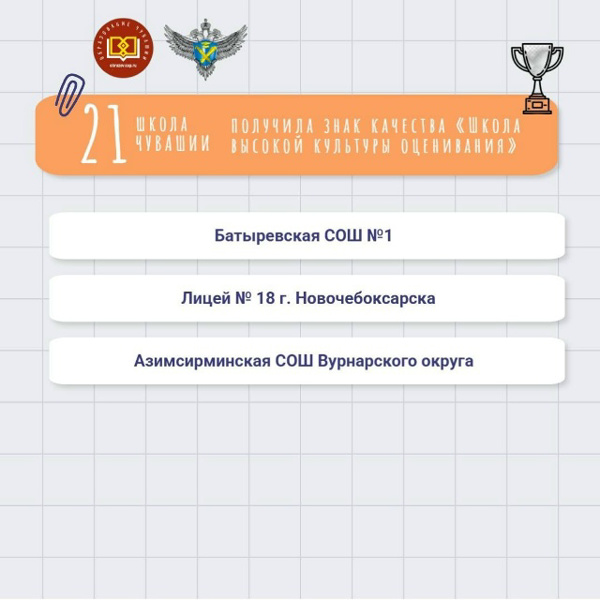 Азимсирминская средняя школа  получила знак качества «Школа высокой культуры оценивания»