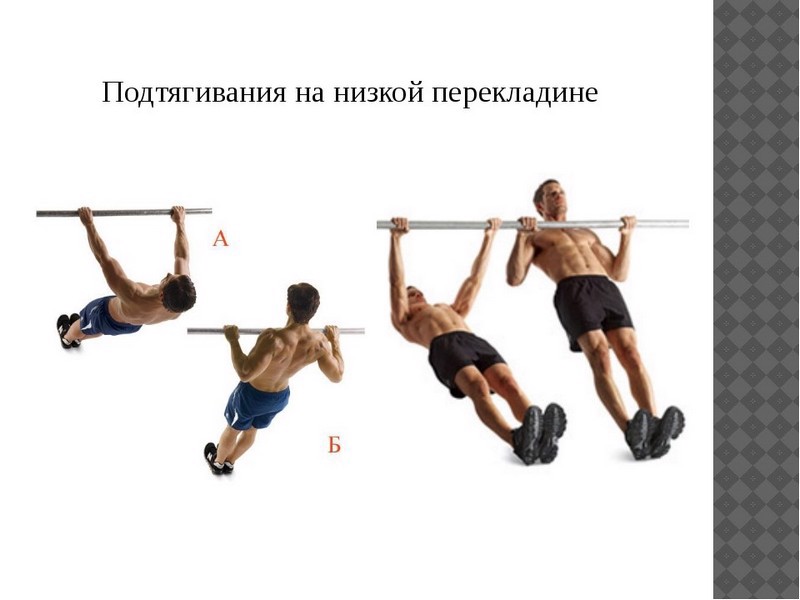 Подтягивание из виса лежа на низкой перекладине.